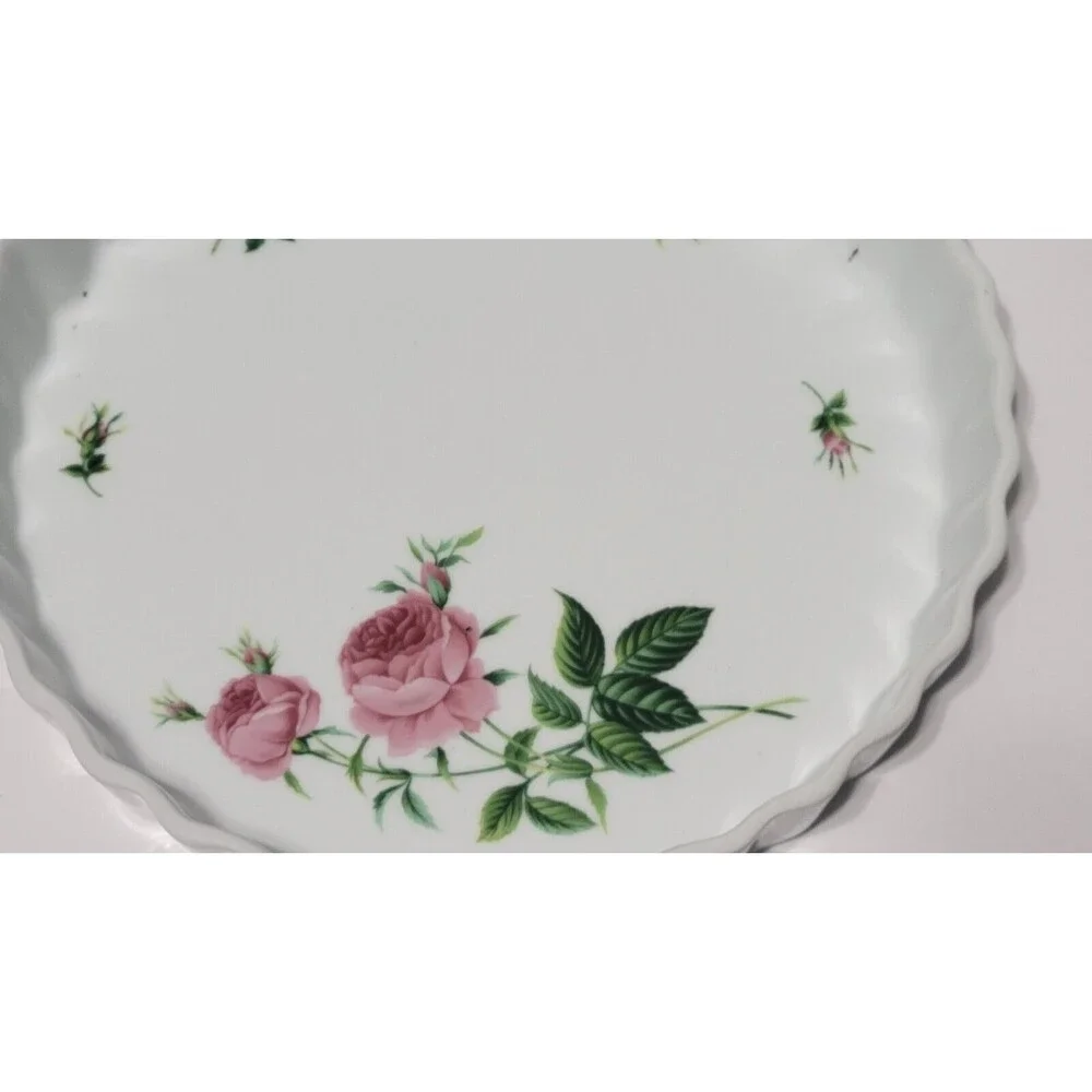 Vintage Christine Holm Ceramic Fluted Quiche Tart Dish Rose Pattern Plate 9.5